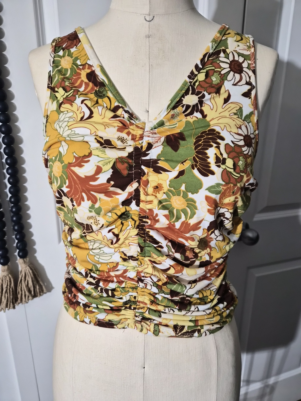Yellow Multi Floral Ruched V-Neck Tank Top